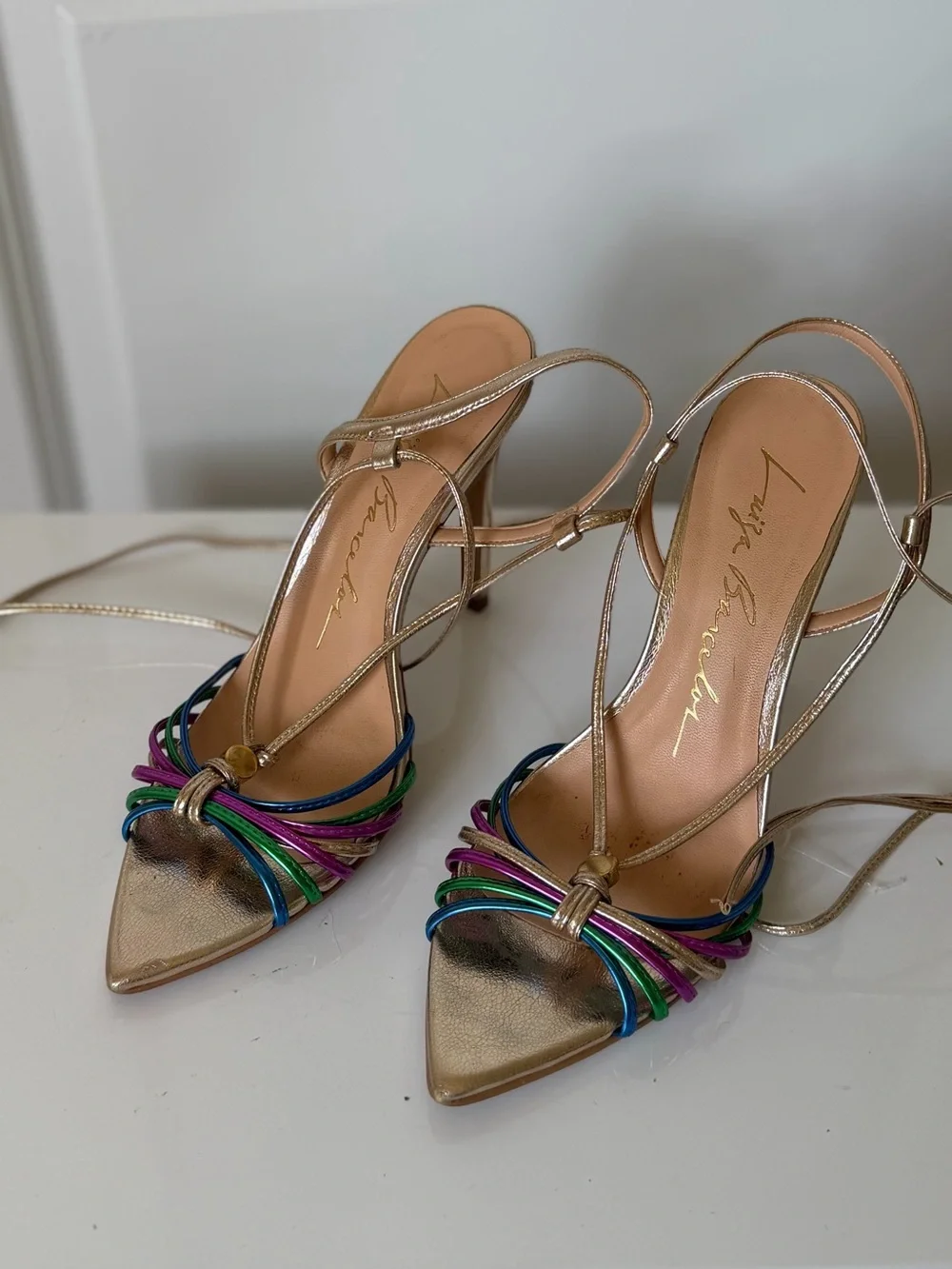 Luiza Barcelos Metallic Gold Multicolor Strappy Heels Sandals